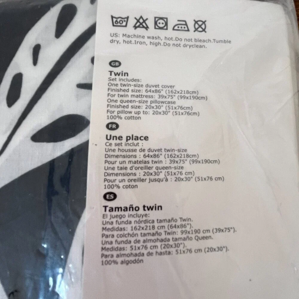 New IKEA Fagerginst Twin Duvet Cover & Pillowcase Set Black White Leaf Cotton